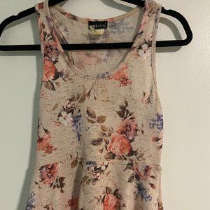 Beige Floral High Low Tank Top with Flared Bottom